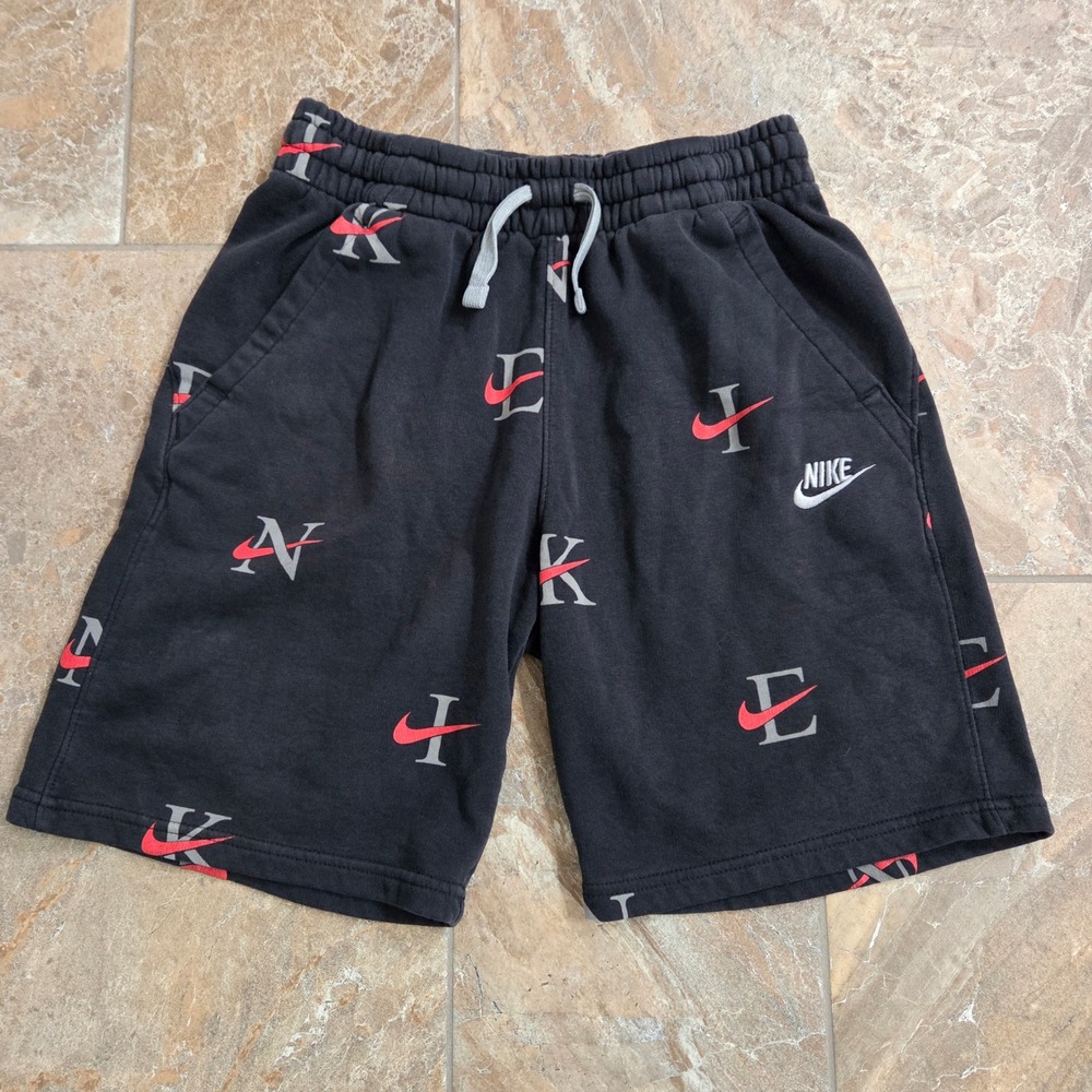Nike Kids Black All Over Logo Graphic Athletic Sweat Shorts Size L